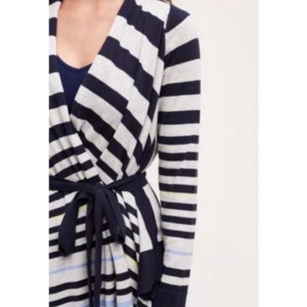 Anthropologie Moth | Grey/Blue/Yellow Striped Tie Waist Cardigan *NWT* - Picture 2 of 16